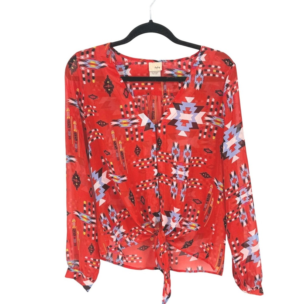 Daytrip Womens Sheer Southwestern Red Print Tie Front Chiffon Blouse M Western